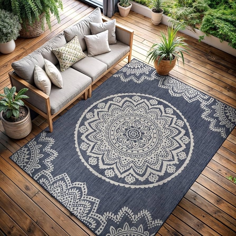 Woven Area Rug Navy Blue Medallion Texture Patio Seating Decor Ideas