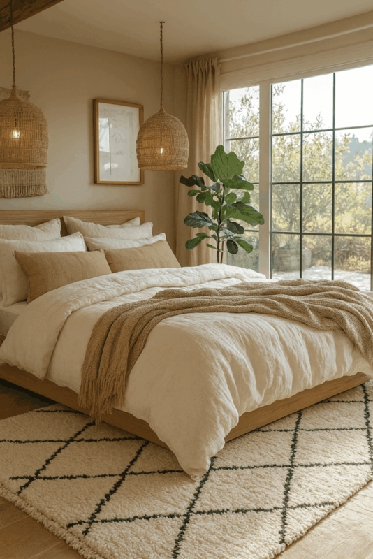 Woven Bell Pendants above Low Profile Platform Bed with Diamond Rug