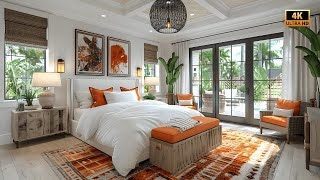 Woven Globe Pendant and Orange Accents in a Coastal Bedroom with View