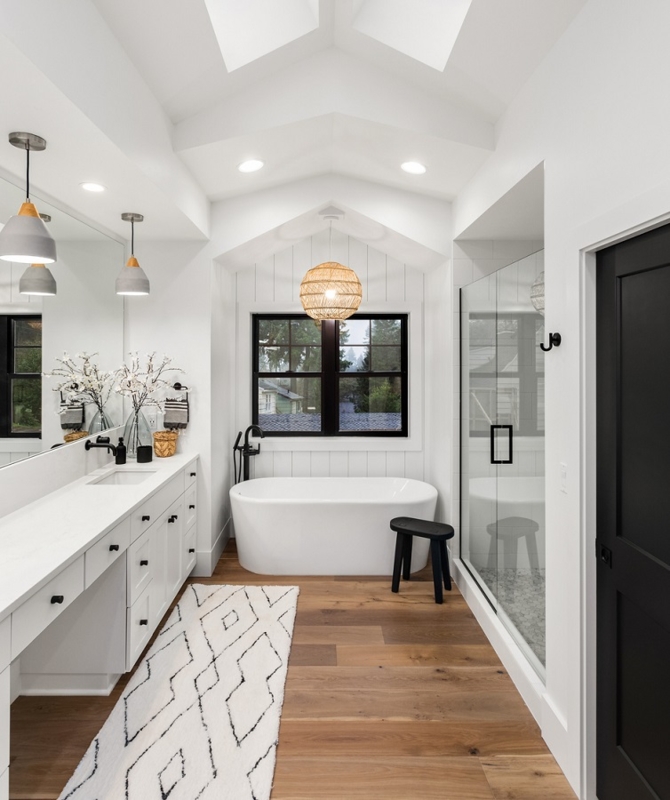 Woven Pendant Light: Modern Farmhouse Bathroom Lighting Layout