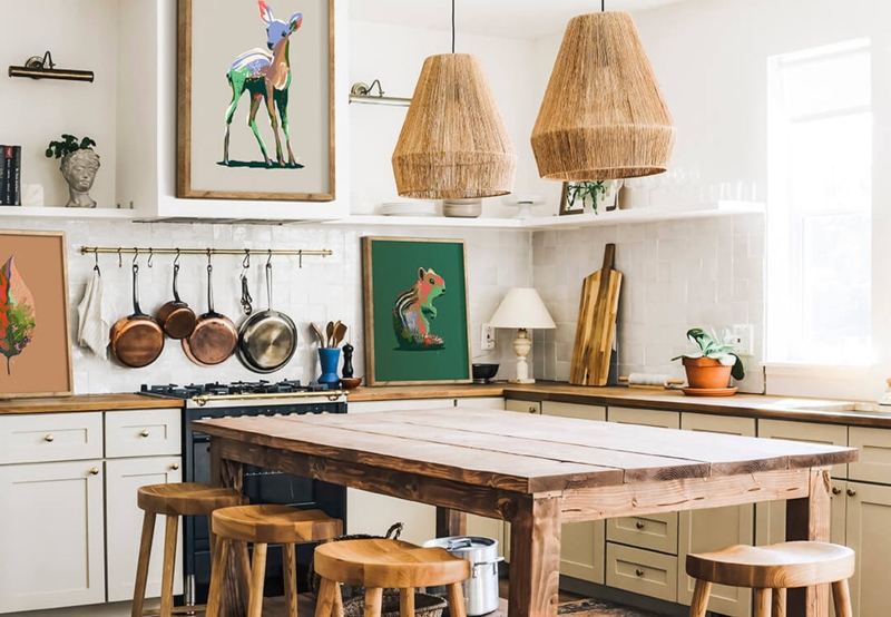 Woven Pendant Lights Kitchen Island With Wildlife Art Decor