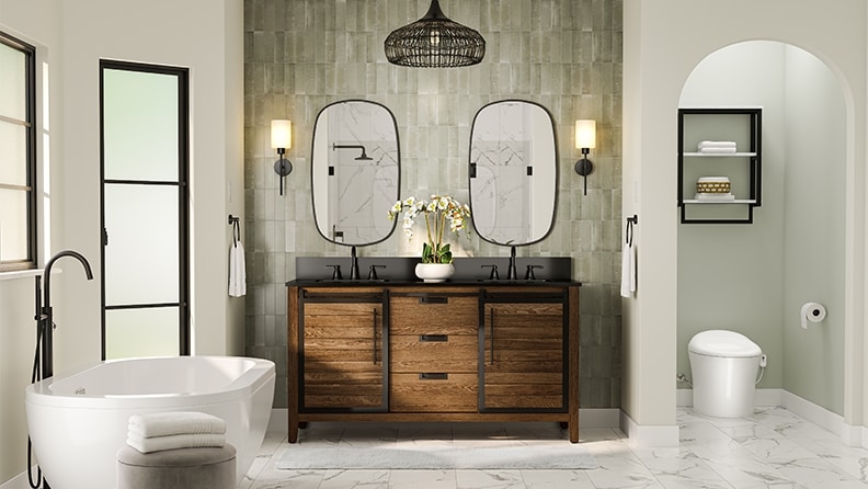 Woven Pendant: Vertical Sage Green Bathroom Tile & Barn Door Vanity