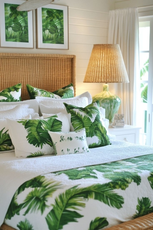Woven Rattan Headboard and Tropical Leaf Bedding in a Coastal Bedroom