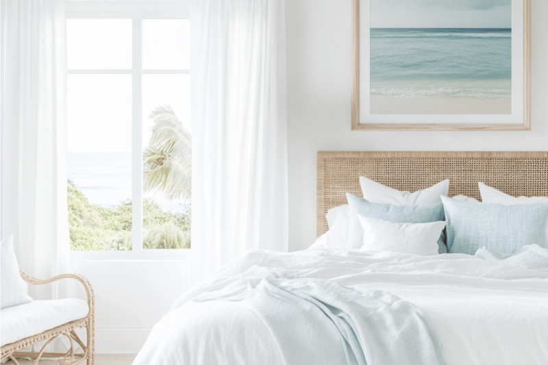 Woven Rattan Headboard Styling with Sheer Curtains and Aqua Accents
