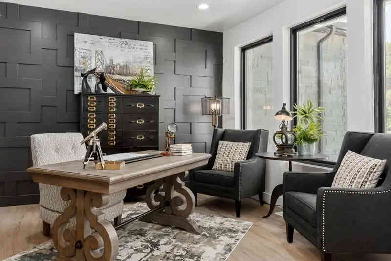 Writing Desk and Apothecary Chest against Charcoal 3D Geometric Wall