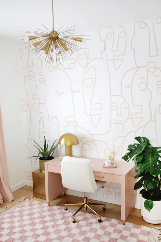 Writing Desk in Modern Glam Office with Face Pattern Wallpaper