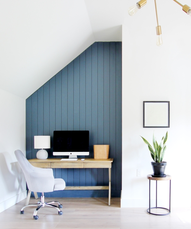 Writing Desk in Sloped Ceiling Nook with Dark Teal Vertical Slat Wall