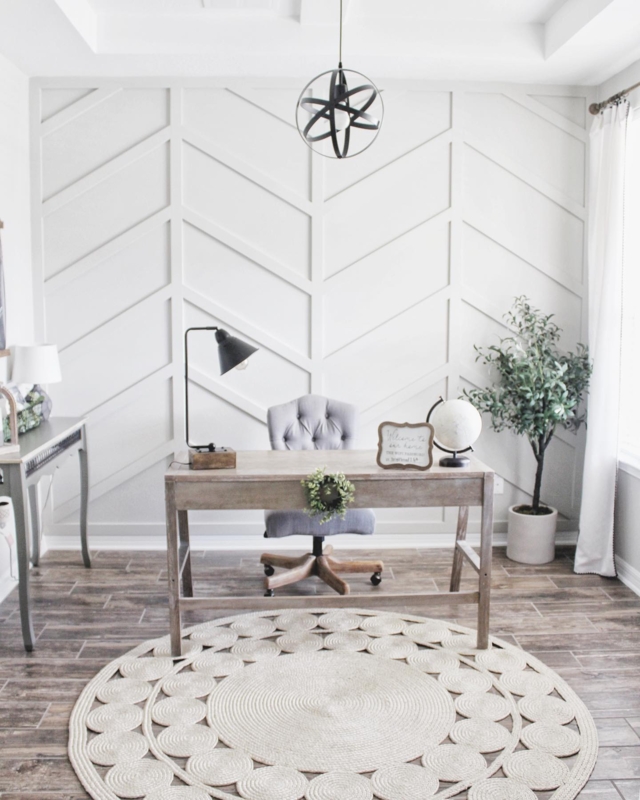 Writing Desk in Transitional Home Office with Herringbone Accent Wall