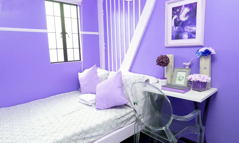 Writing Desk Setup Clear Acrylic Armchair Vibrant Purple Youthful Decor