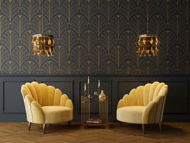 Yellow Scalloped Accent Chairs with Navy Fan Pattern Wallpaper