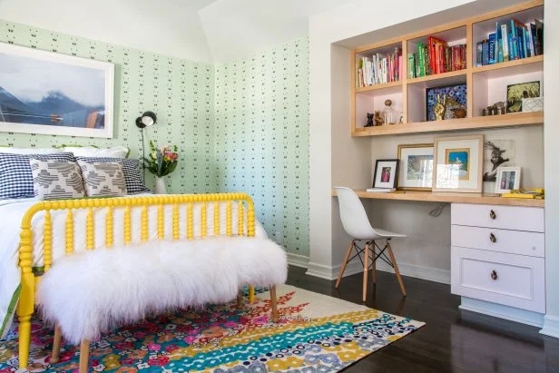 Yellow Spindle Bed and Built-In Study Nook with Geometric Rug