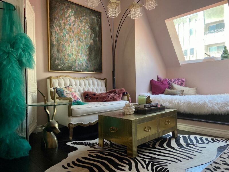 Zebra Print Rug Styling Ideas featuring Brass Trunk Coffee Table