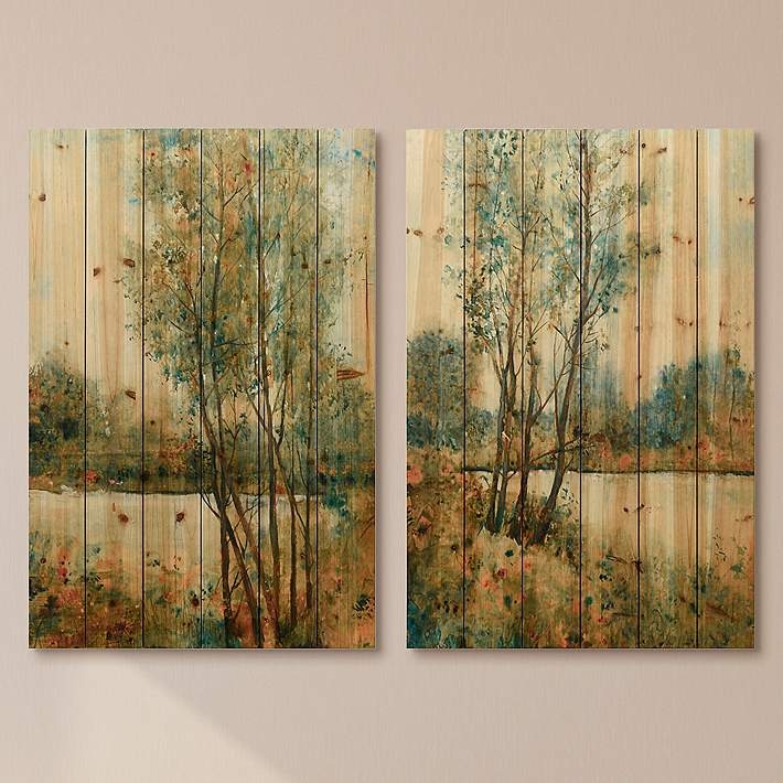 2-Piece Rustic Wood Plank Wall Art Set, Impressionist Landscape
