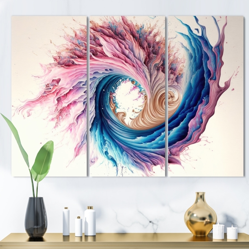 3-Panel Canvas Set: Spiral swirl motif, pink and blue palette, triptych.