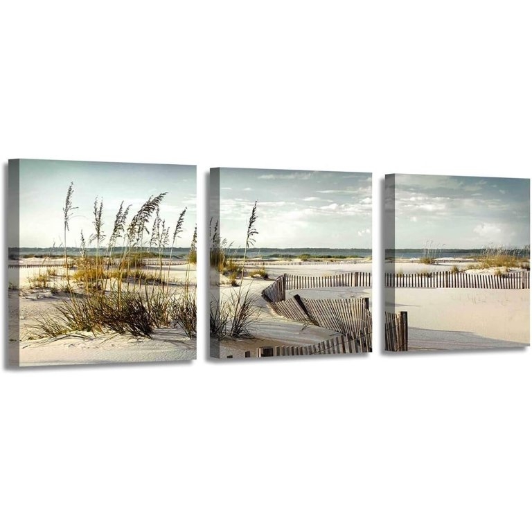 3-Panel Coastal Sand Dune Wall Art Canvas Set, Wooden Fence