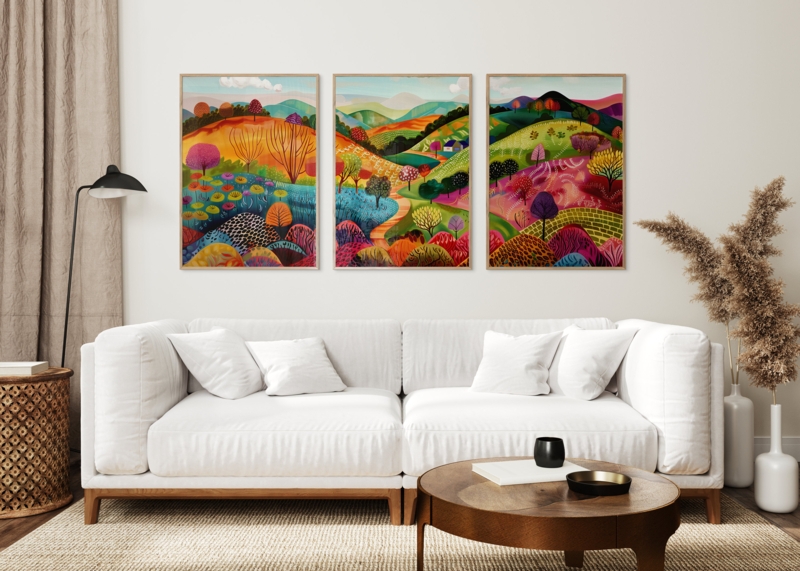 3-Piece Art Set: Patchwork landscape, thin frames, triptych layout.