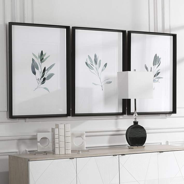 3-Piece Botanical Wall Art Set, Sage Green Sprigs, Thin Black Frames