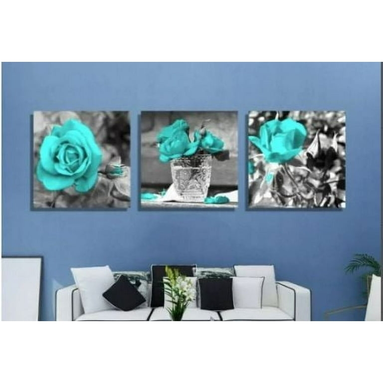 3-Piece Canvas Triptych Turquoise Roses Grayscale Contrast Unframed
