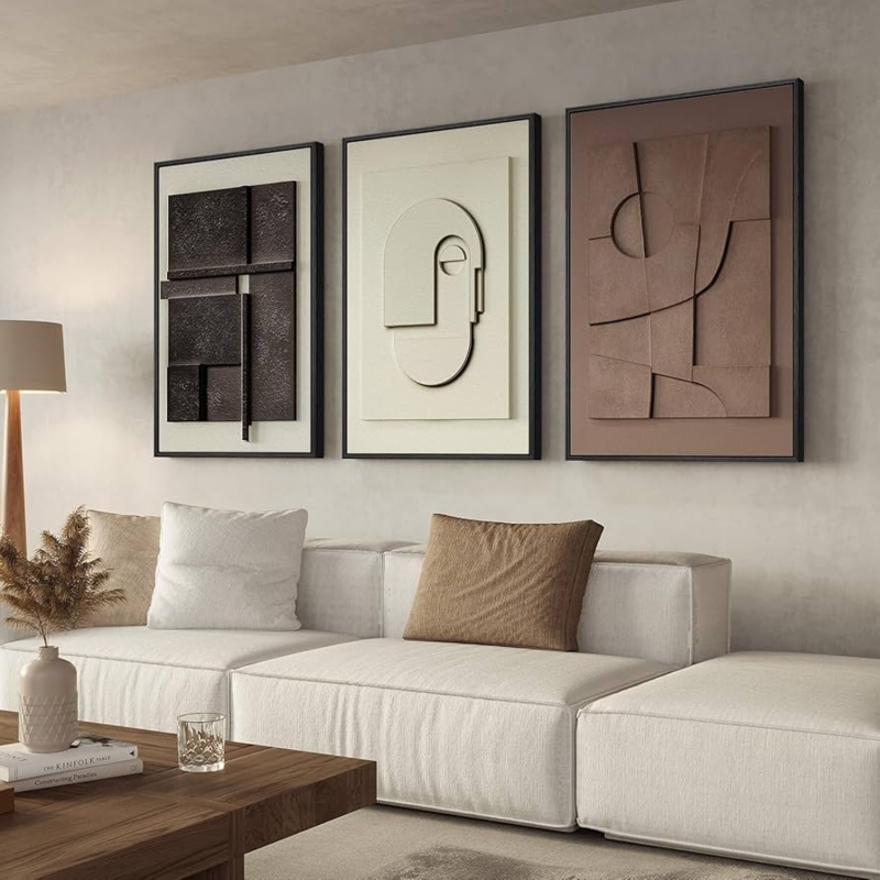 3D Geometric Wall Art Set: Stone-Like Relief Triptych in Earth Tones