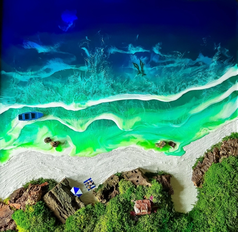 3D Mixed Media Wall Art Resin Ocean Preserved Moss Bark Texture