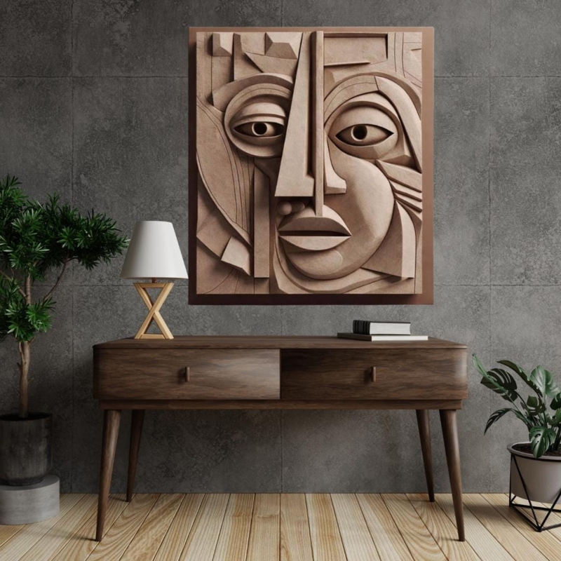 3D Relief Wall Art: Large Abstract Face Sculpture, Geometric Wood