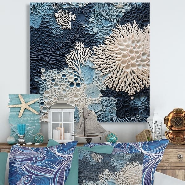 3D Textured Wall Art Coral Relief Monochromatic Blue Coastal Decor