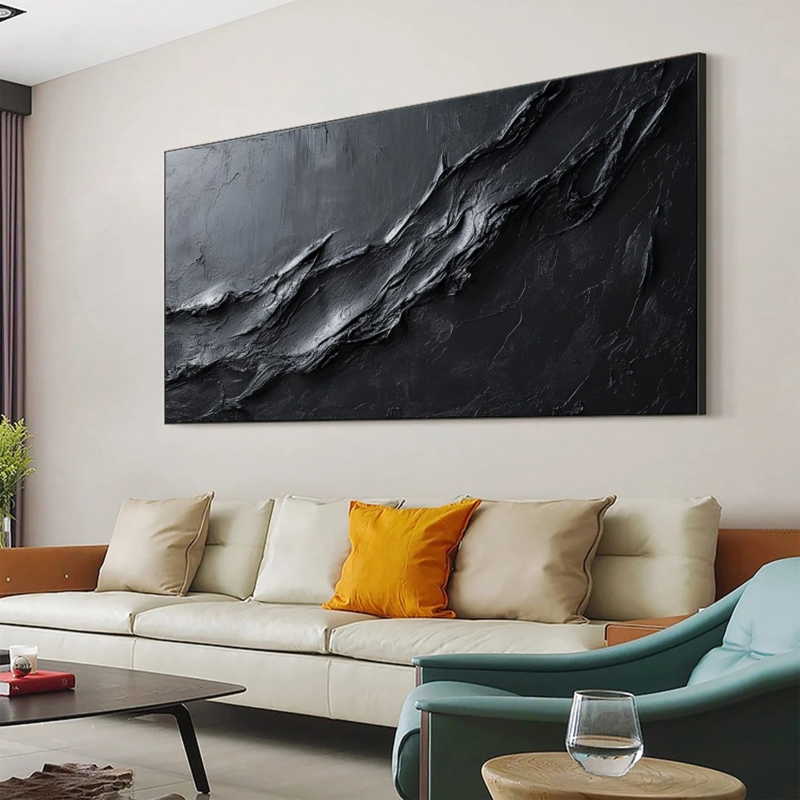 3D Wall Art: Large Horizontal Black Sculptural Textured Statement Piece