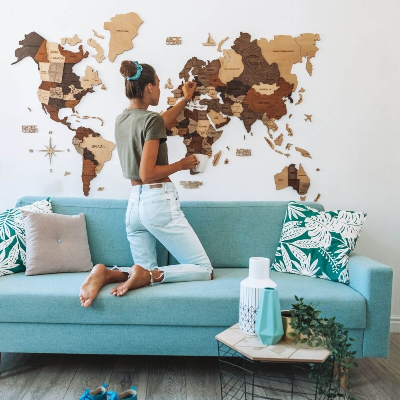 3D Wooden World Map Wall Art Multi-Toned Layered Travel Decor