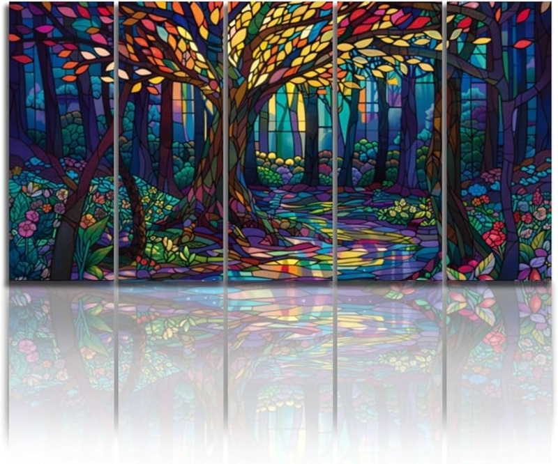 5-Panel Wall Art: Stained glass aesthetic, forest scene decor, colorful.
