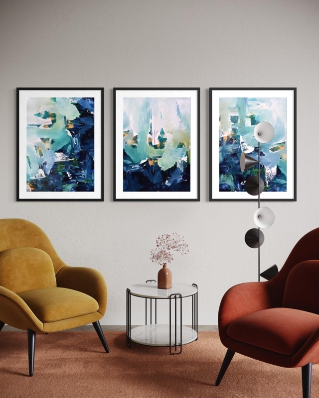 Abstract Blue Wall Art Triptych, Contemporary Framed Landscape Prints
