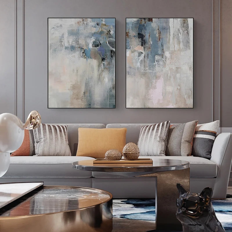 Abstract Canvas Art Set of Two Vertical Prints with Mustard Accent