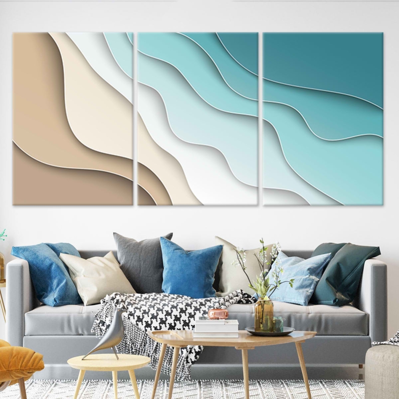 Abstract Coastal Triptych Wall Art, Layered Paper Cut Aesthetic