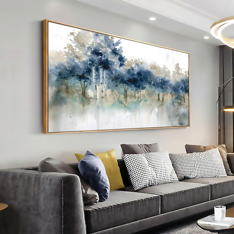 Abstract Forest Canvas Painting, Large Blue Landscape Wall Art, Framed
