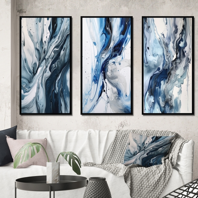 Abstract Framed Triptych with Fluid Ink Marbling in Slim Black Frames
