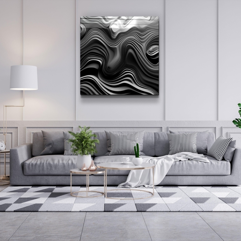 Abstract Glass Wall Art 3D Layered Effect Glossy Finish Grey