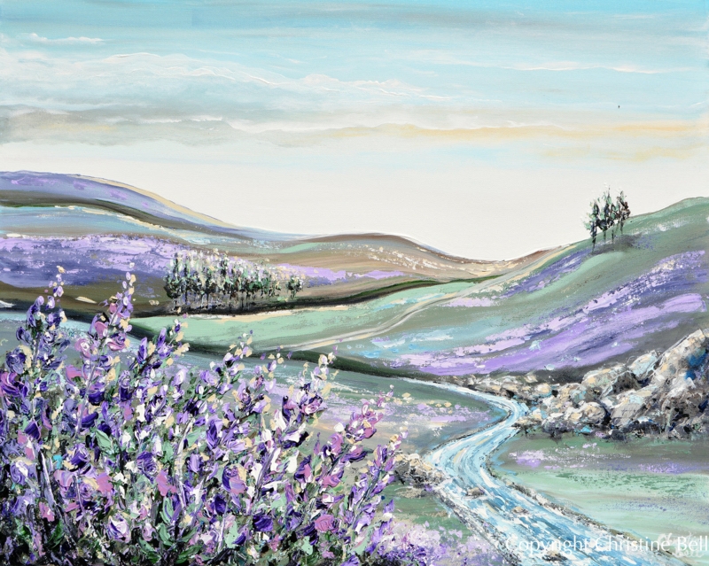 Abstract Lavender Field Landscape Art, Textured Impasto Floral Painting