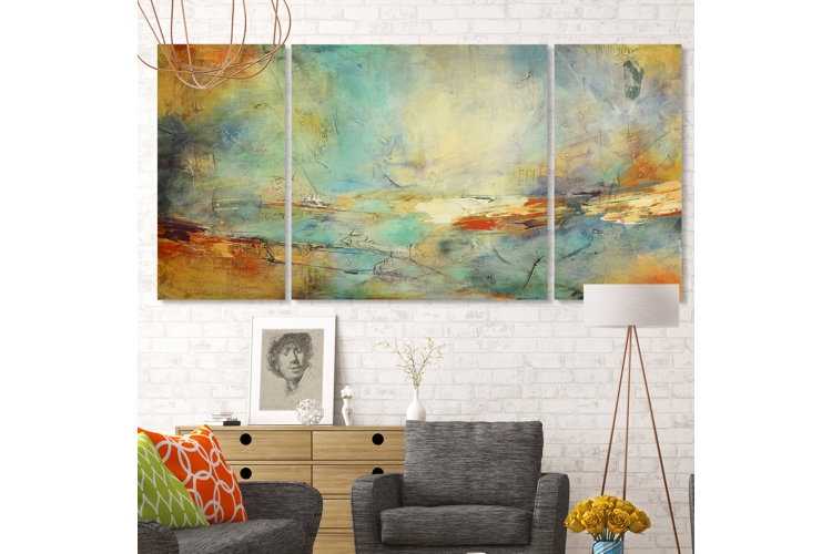 Abstract Triptych Wall Art Landscape Teal Ochre | Stylish Transitional