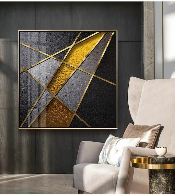 Abstract Wall Art Charcoal Black and Metallic Gold Geometric Texture