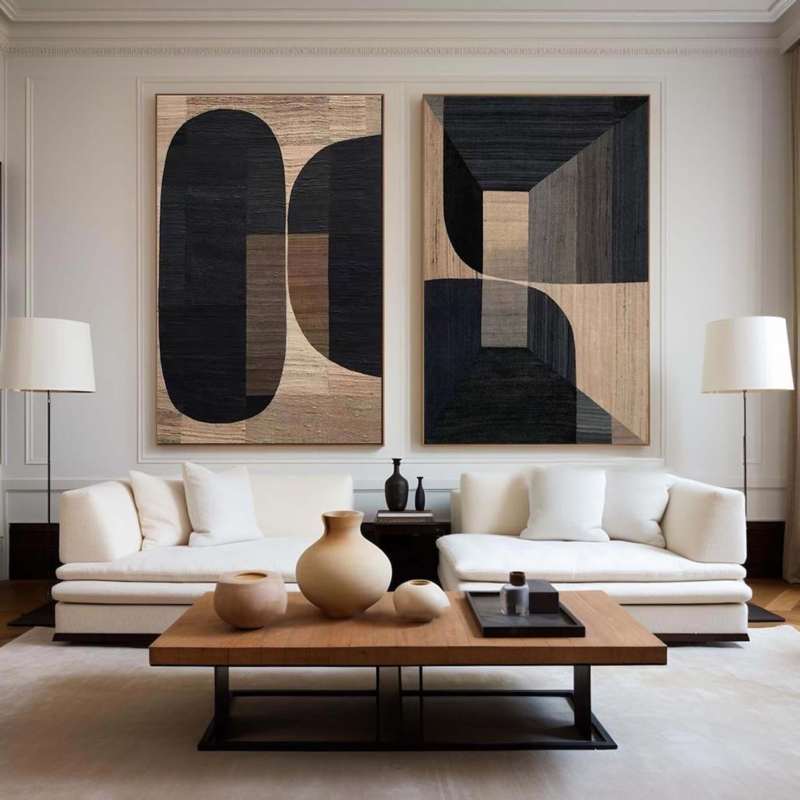 Abstract Wall Art Diptych Large Scale Geometric Impasto Set
