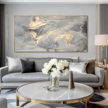 Abstract Wall Art Fluid Ink Design Gold Veining Large Canvas Gray