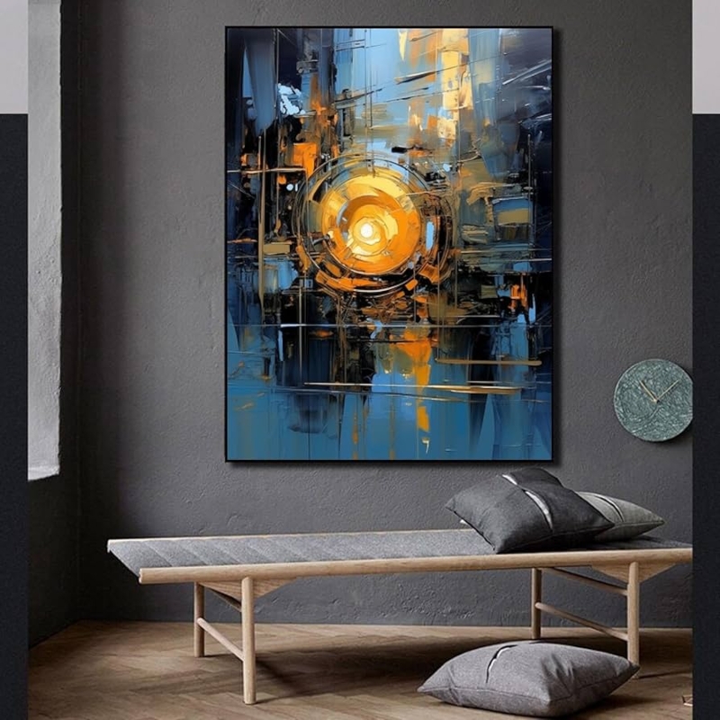 Abstract Wall Art: High Contrast Blue Gold Circular Center, Dark Walls