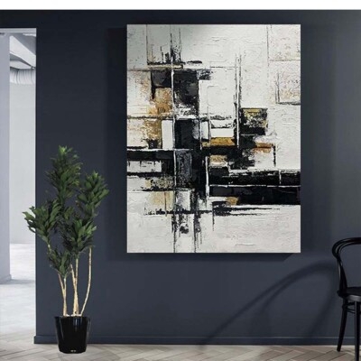 Abstract Wall Art: Oversized Impasto Texture Black White Gold, Decor