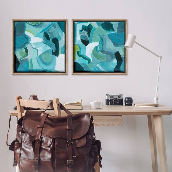 Abstract Wall Art Set Energetic Print Teal Blue Palette Floater Frame Modern