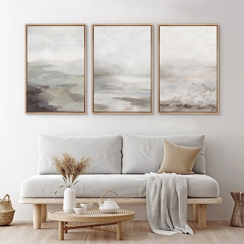 Abstract Wall Art Set Muted Landscape Wood Toned Frames