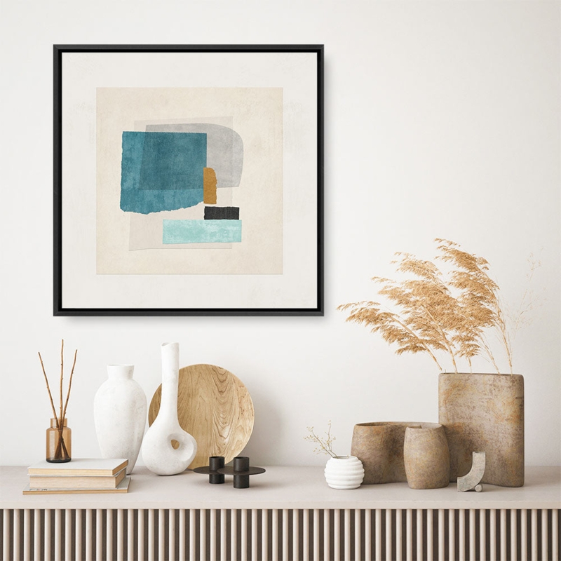 Abstract Wall Art Square Framed Canvas Print with Teal and Ochre Tones