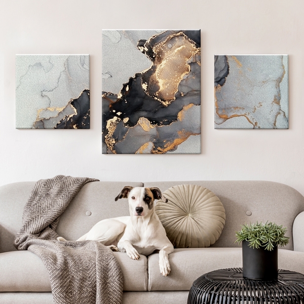 Abstract Wall Art Triptych Fluid Marble Gold Ink Accents