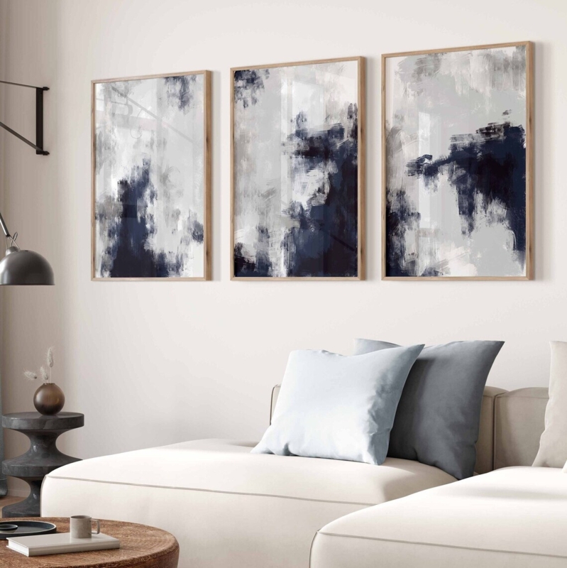 Abstract Wall Art Triptych in Slender Wood Frames for Minimalist Style