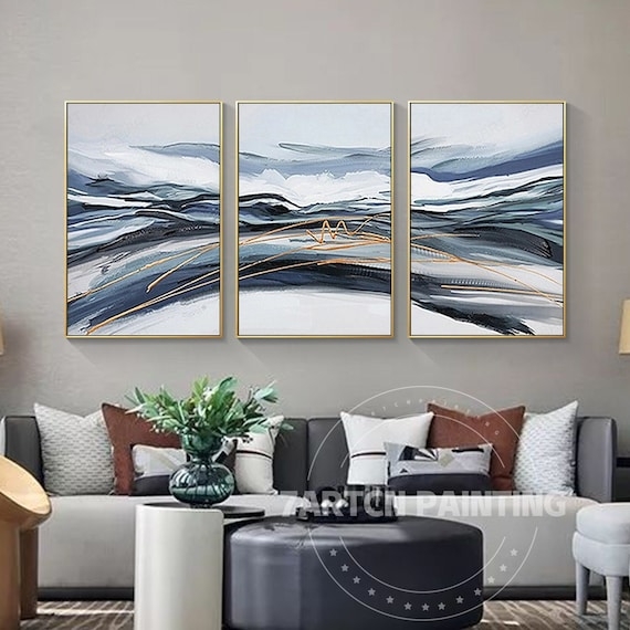 Abstract Wall Art Triptych, Navy Blue with Gold Accent Lines