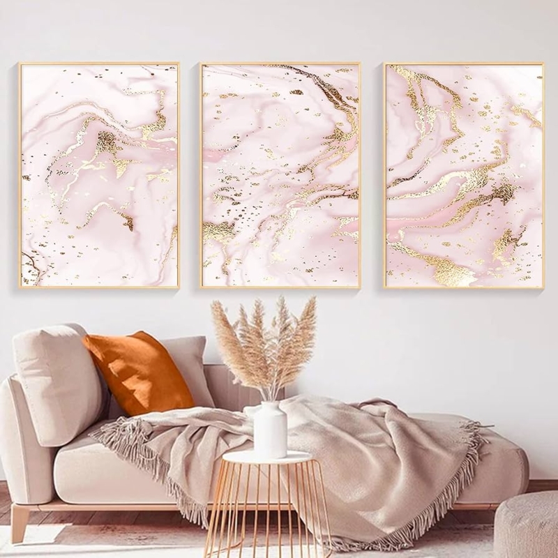 Abstract Wall Art: Triptych, Pink Marble Visual, Gold Foil Accents.