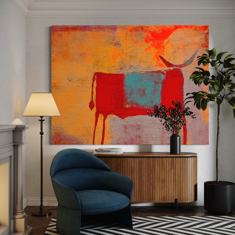 Abstract Wall Art with Slatted Wood Sideboard and Teal Accent Seating